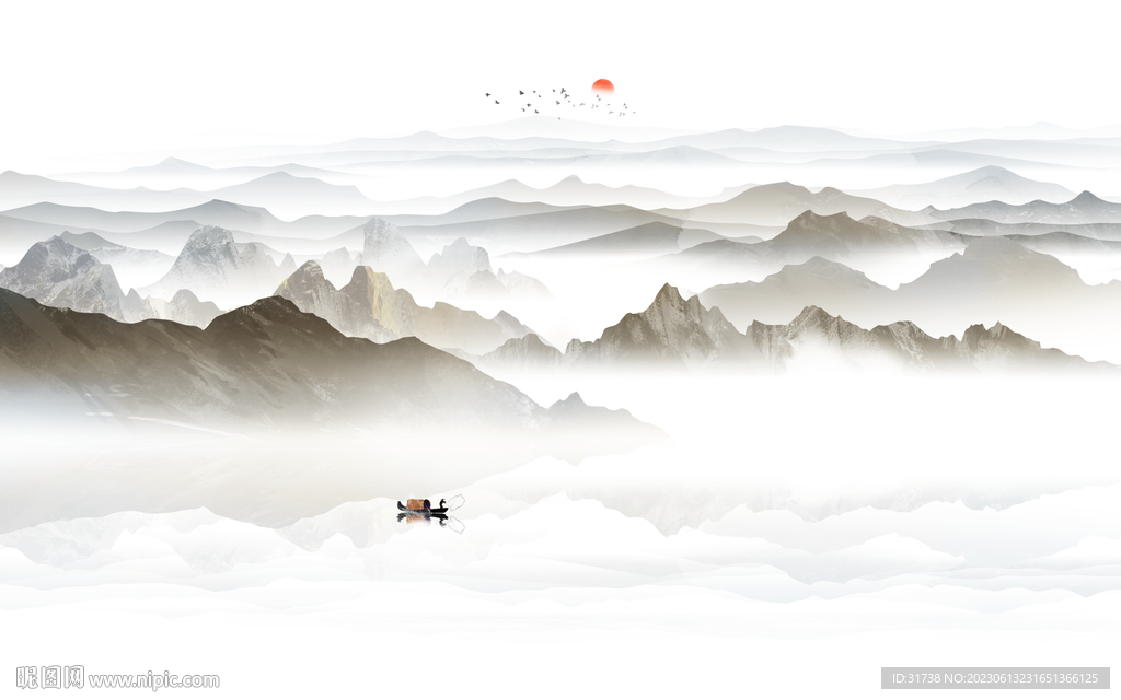 中式禅意水墨山水画电视背景墙