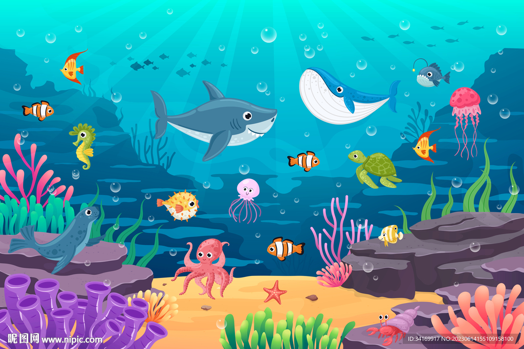卡通鲸鱼海底鲨鱼珊瑚水族馆背景