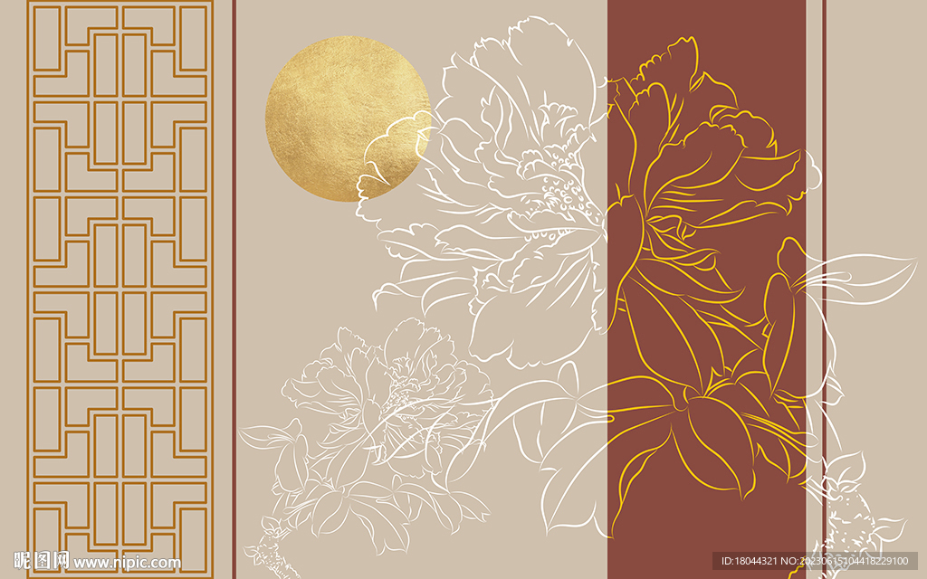 中式边框牡丹花电视背景墙