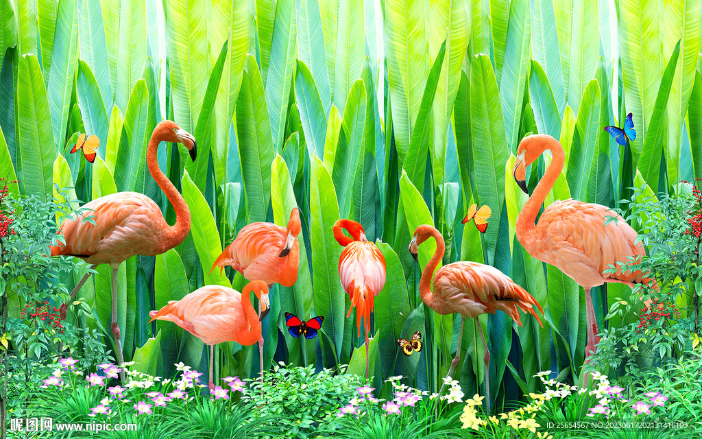 火烈鸟绿色树叶电视背景墙
