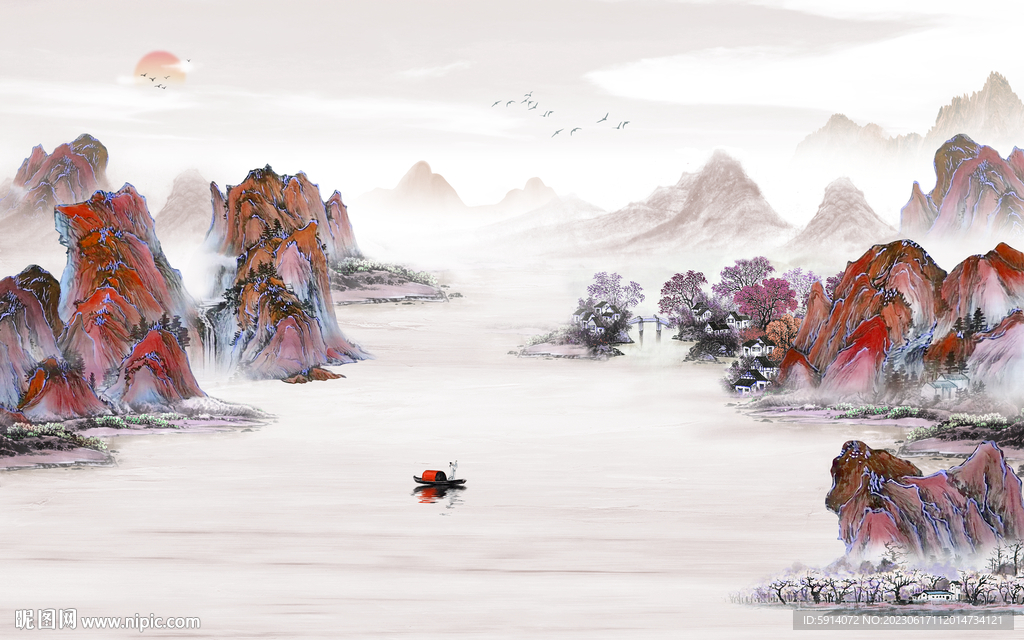 水墨山水画背景墙 日出 船