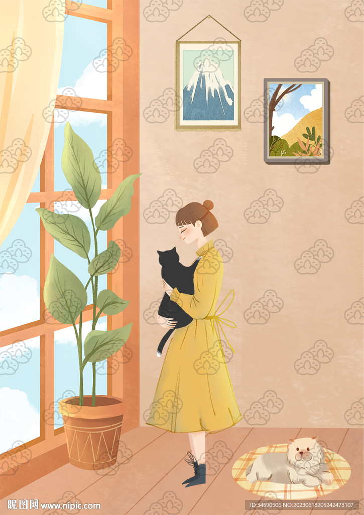 窗边抱着猫咪的女孩