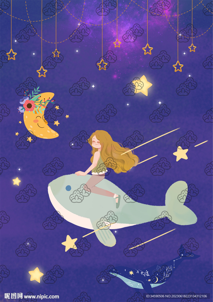 梦幻星空下女孩与鲸鱼