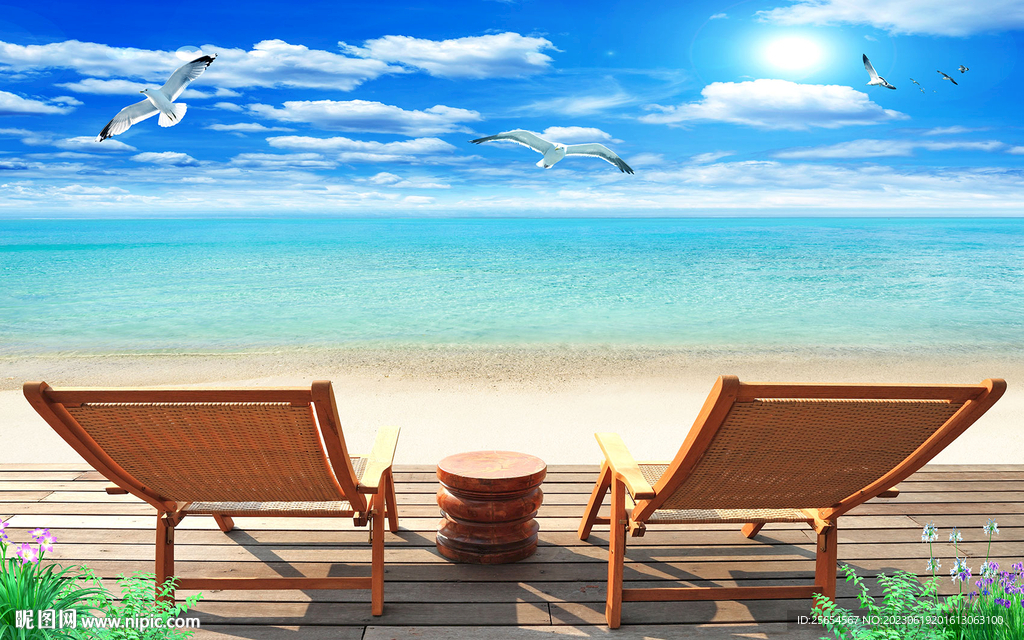 3D立体地中海沙滩海景背景墙