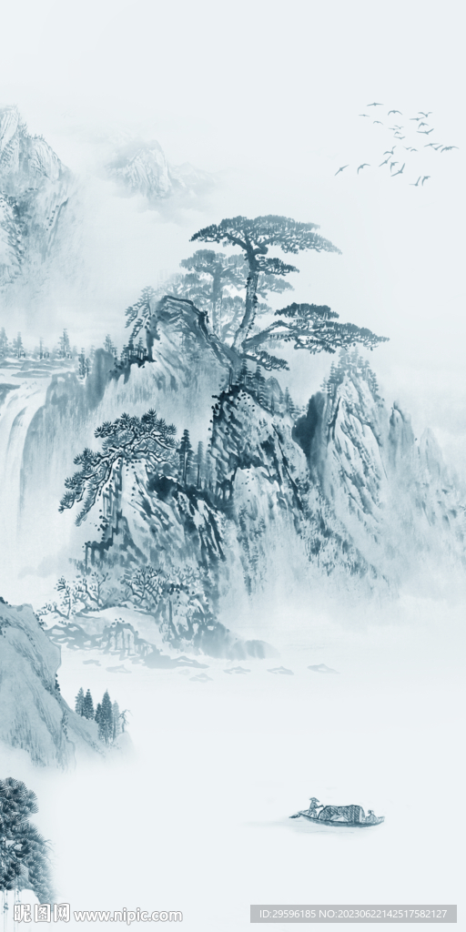 蓝色 简约玄关山水 tif分层