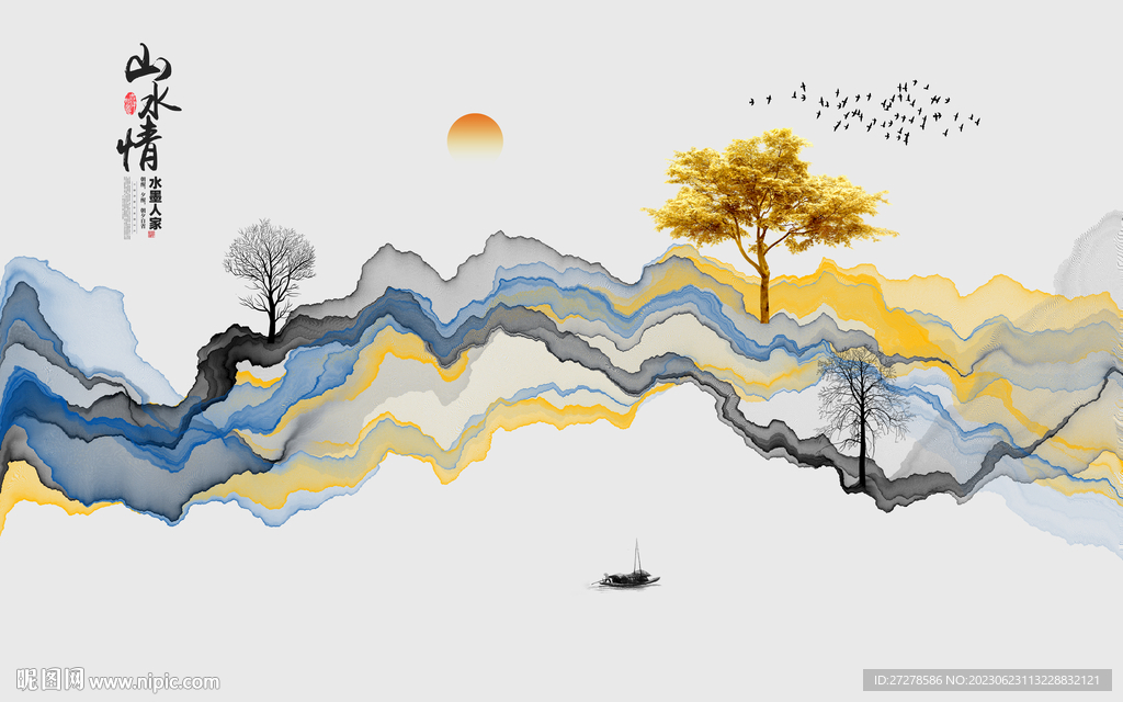 新中式线条水墨山水一鹿高升背景