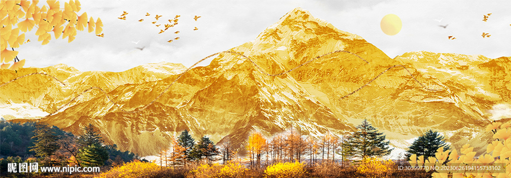 雪山松林背景装饰画