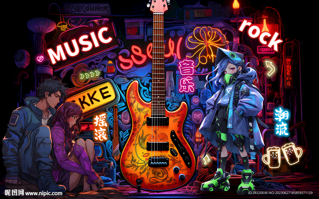 潮流涂鸦音乐主题炫酷吉他设计