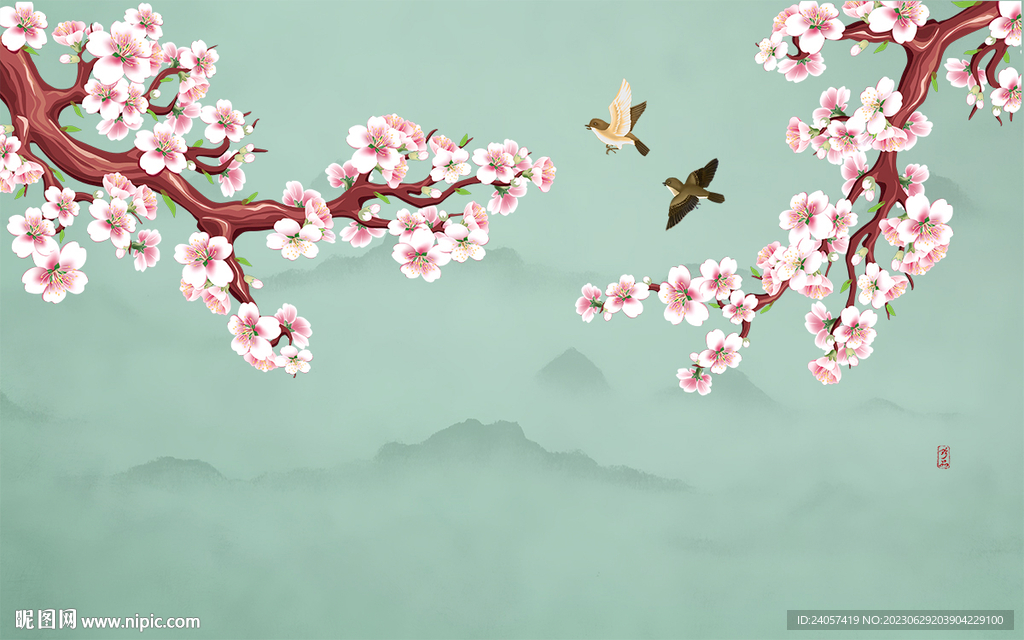 新中式工笔花鸟桃花背景墙装饰画