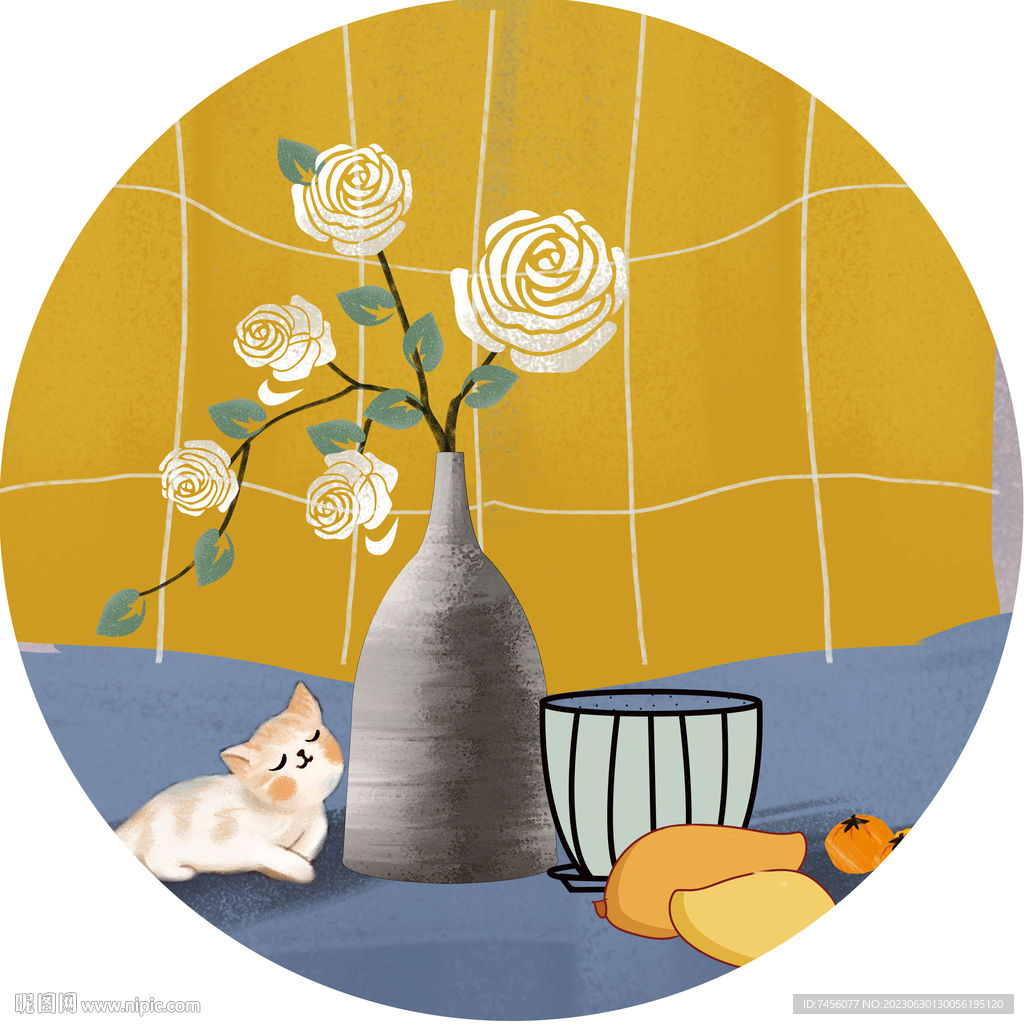 静物花卉花瓶猫圆形挂画装饰画