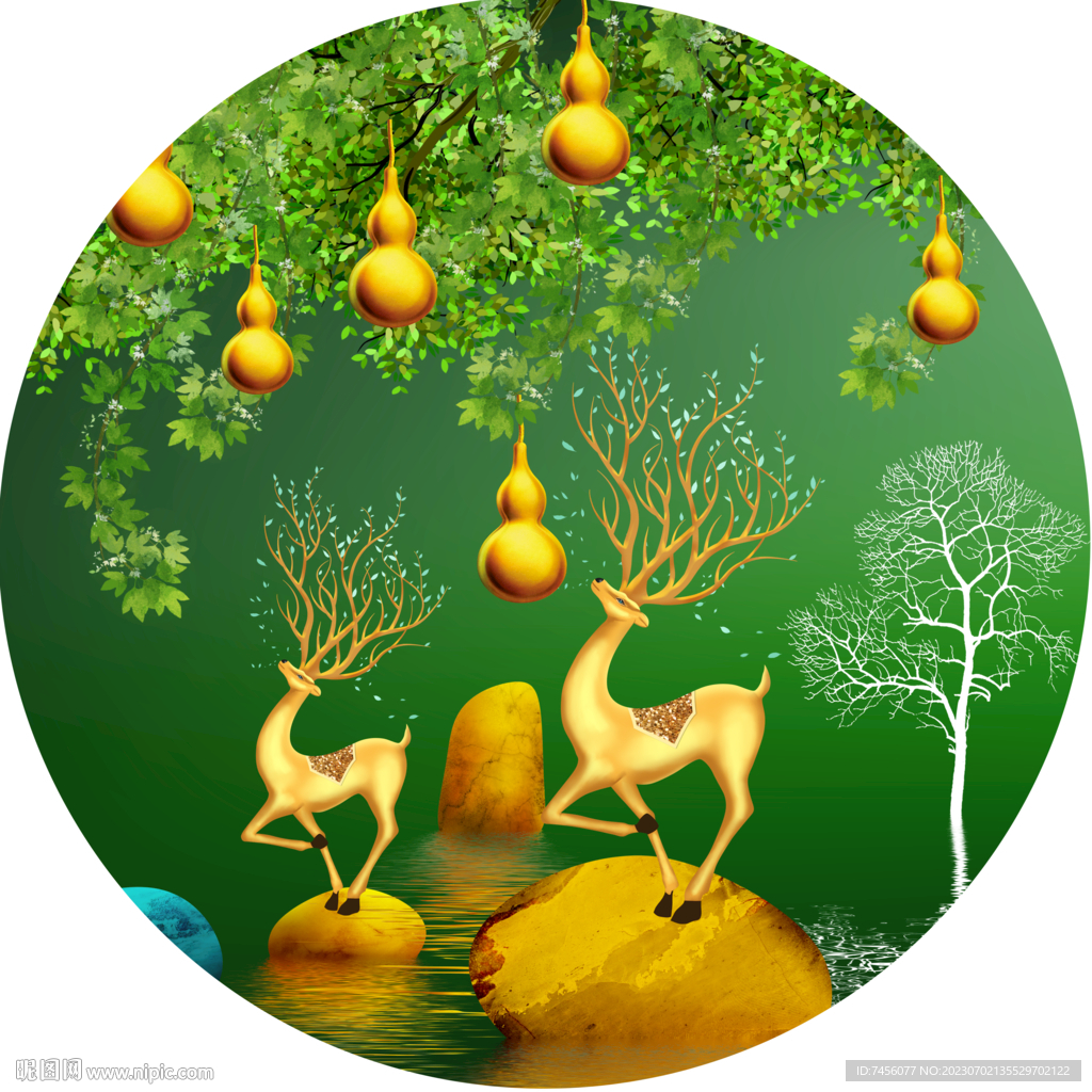 金色麋鹿葫芦圆形挂画装饰画