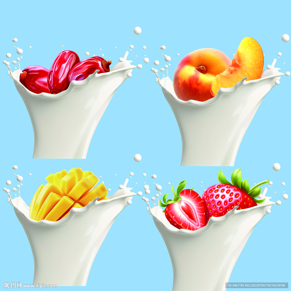 四款红枣黄桃芒果草莓奶花飞溅