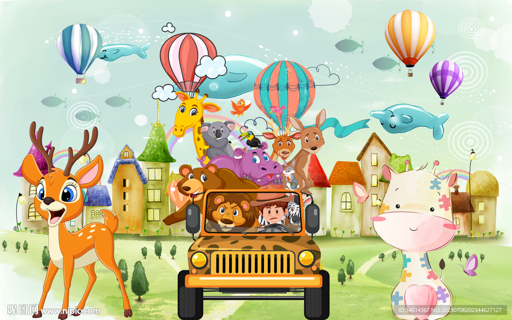 卡通动物世界背景墙