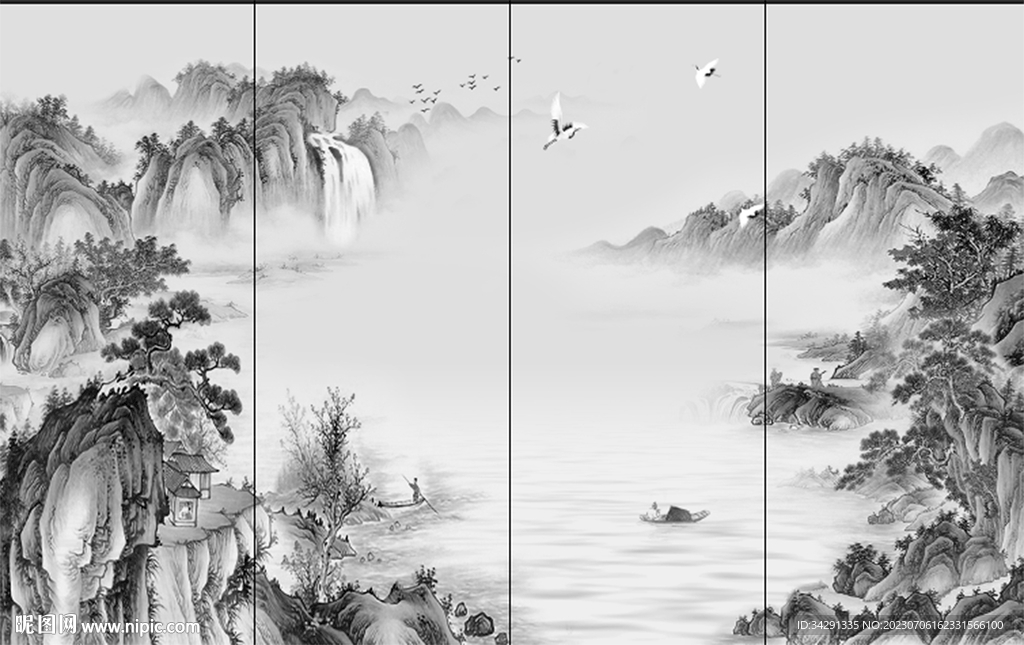 国画山水中式电视背景墙