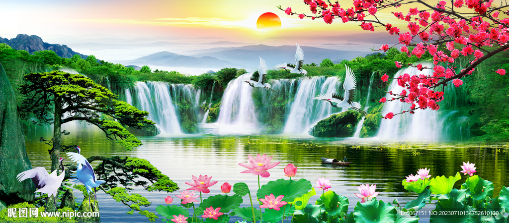 山水画瀑布迎客松装饰画