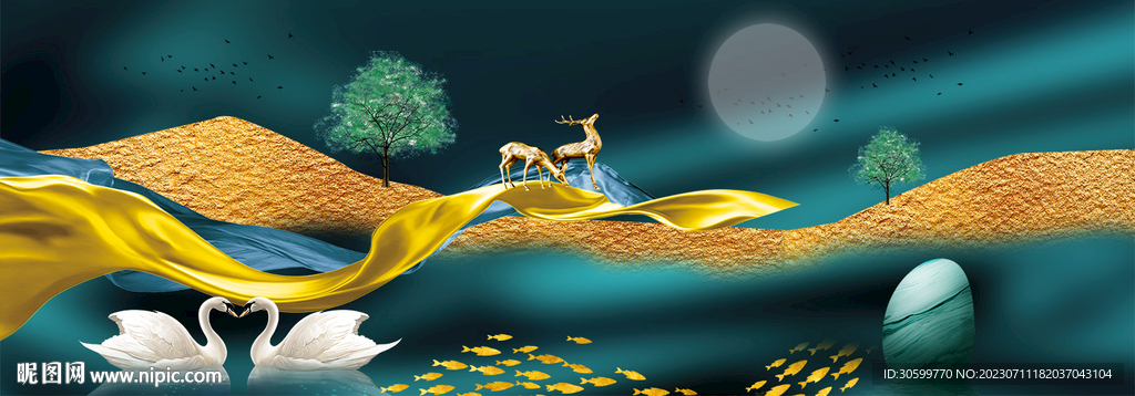 抽象麋鹿天鹅床头画