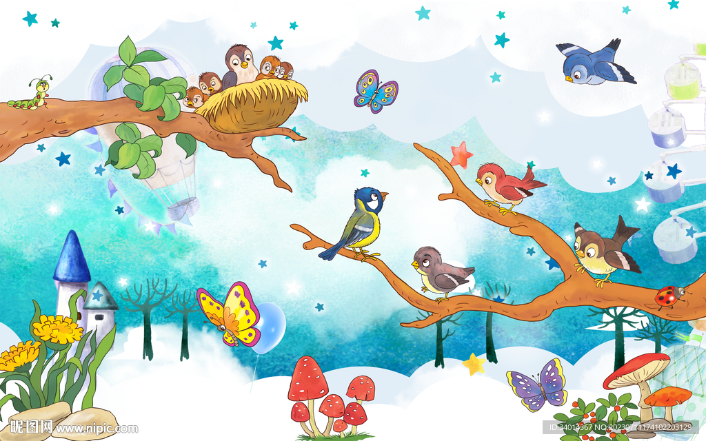 卡通小鸟儿童房背景墙