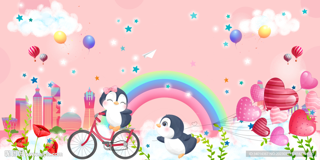 粉红色企鹅卡通背景墙