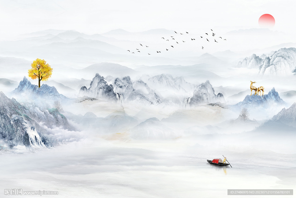 新中式意境水墨山水瀑布电视背景