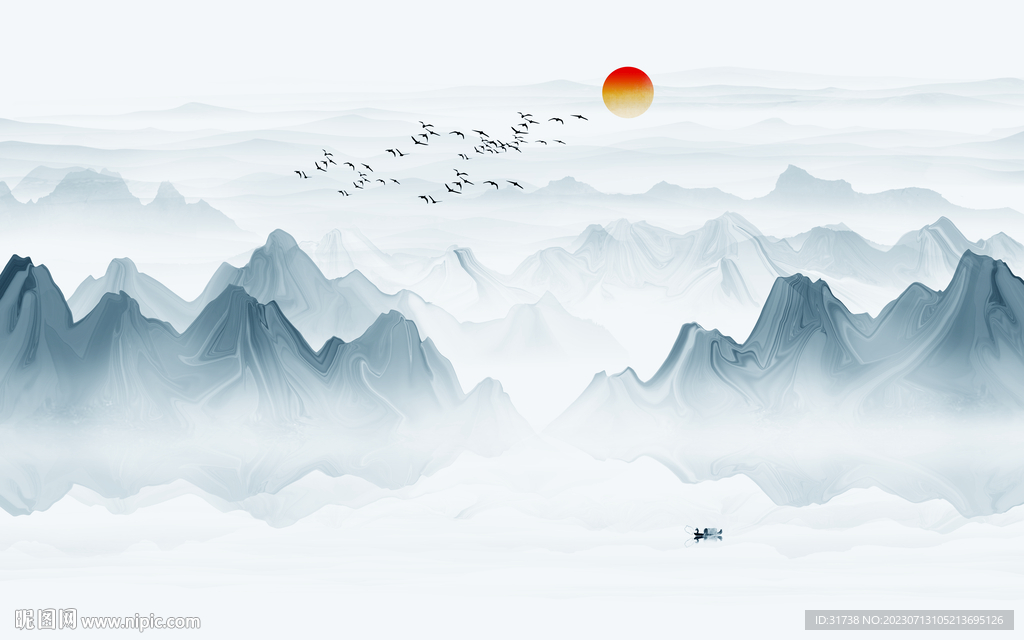 新中式壁画山水画电视背景墙