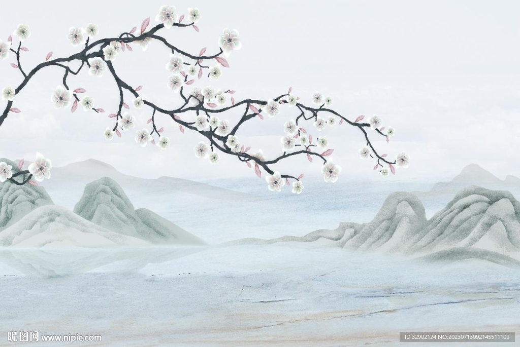 工笔花鸟水墨山水鸟鸣涧中式壁画