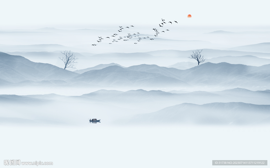 中式水墨山水画壁画背景墙