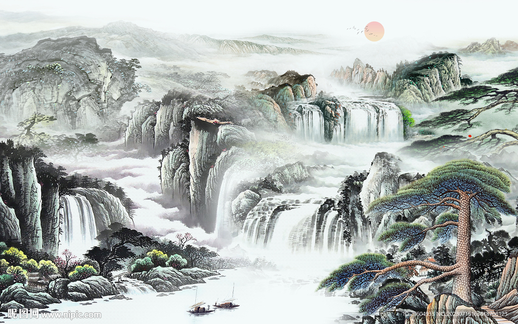 高档 中式背景山水 TIf分层