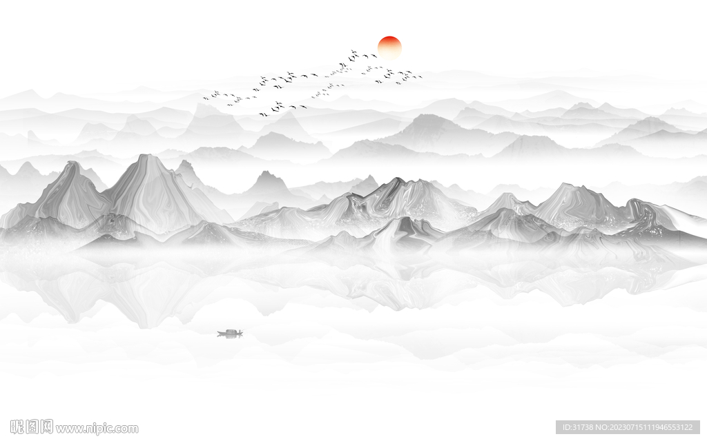 新中式山水画电视背景墙壁画