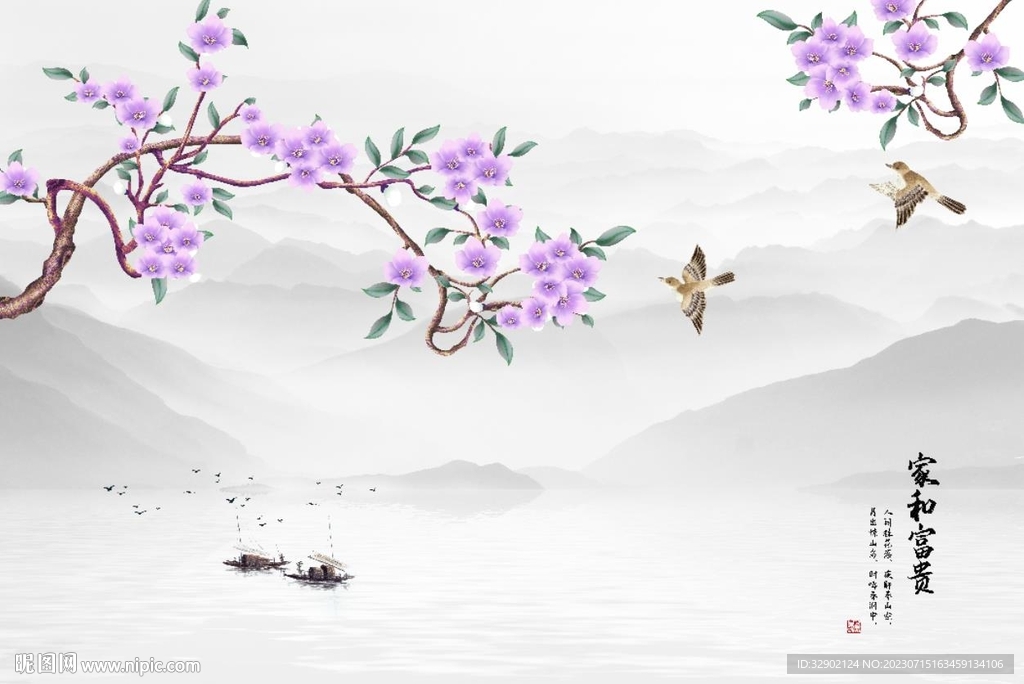 工笔花鸟水墨山水鸟鸣涧