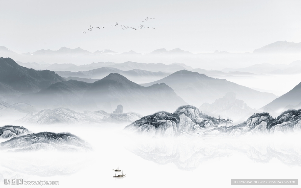 爆款 新款中式山水 tif分层