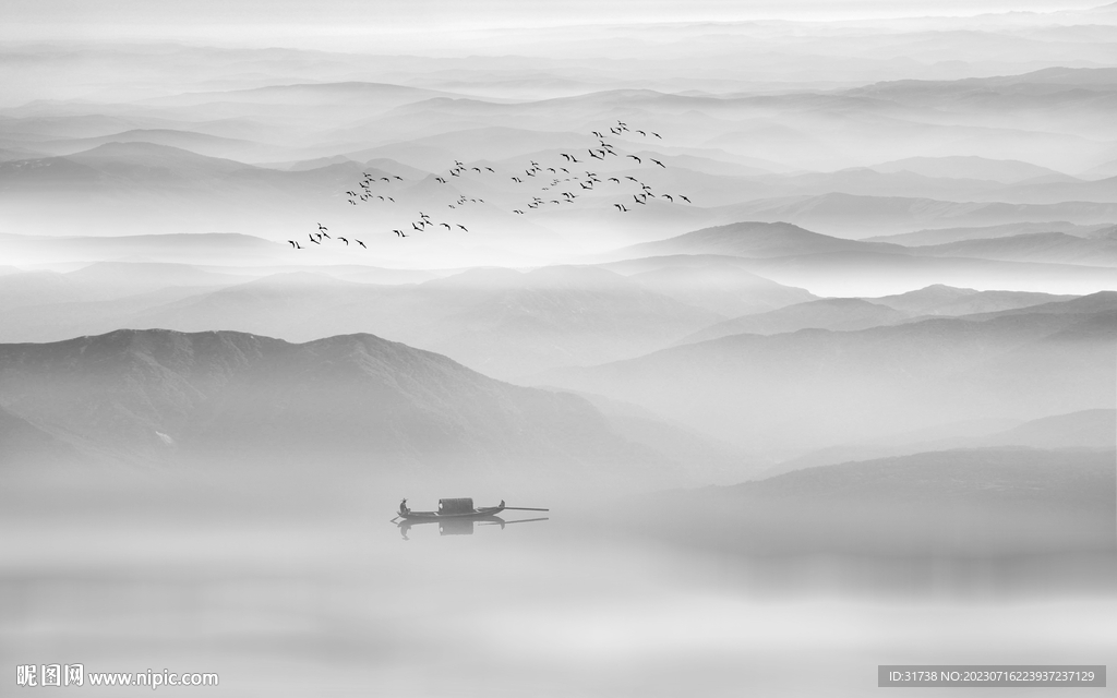 禅意水墨山水画背景墙