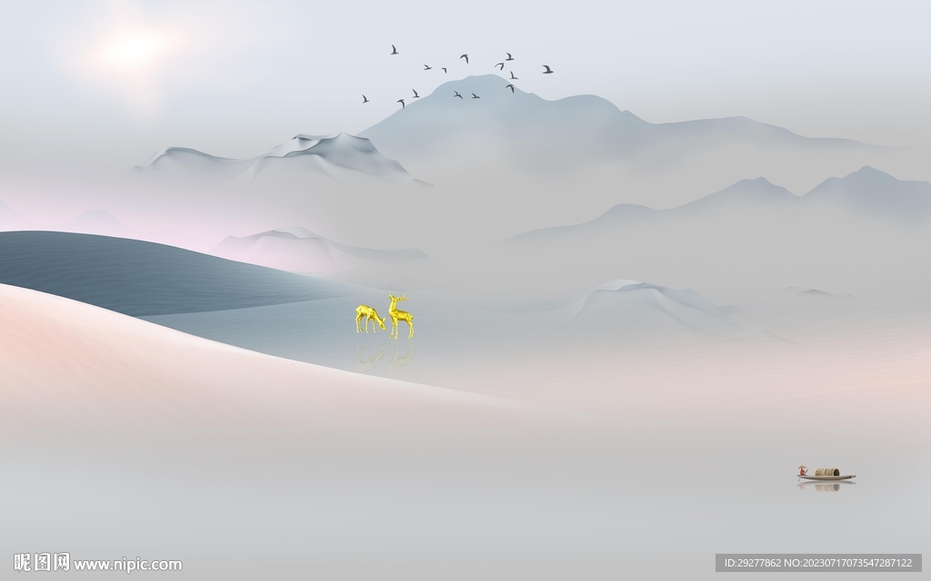 别墅 中式山水背景 TIf分层