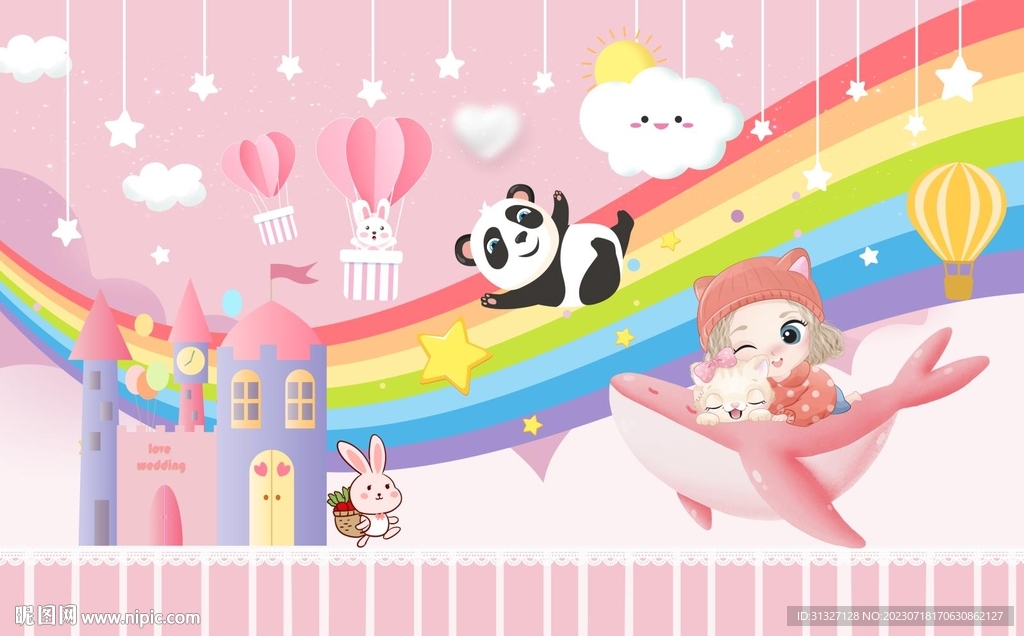 卡通小动物彩虹儿童房背景墙图片