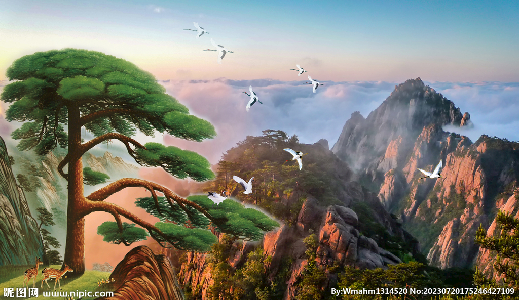 国画山水画迎客松背景装饰画