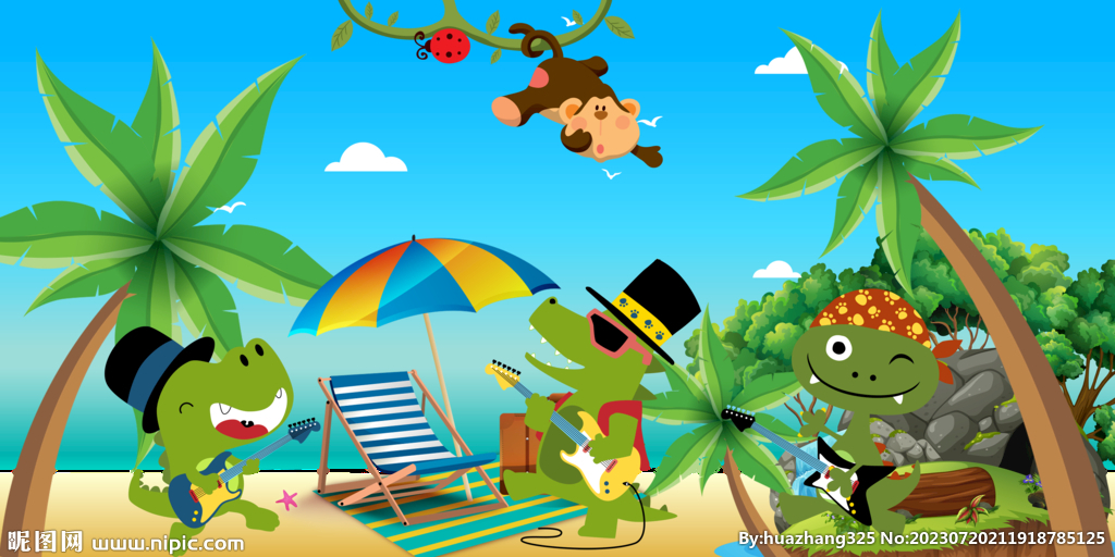 卡通沙滩鳄鱼背景画