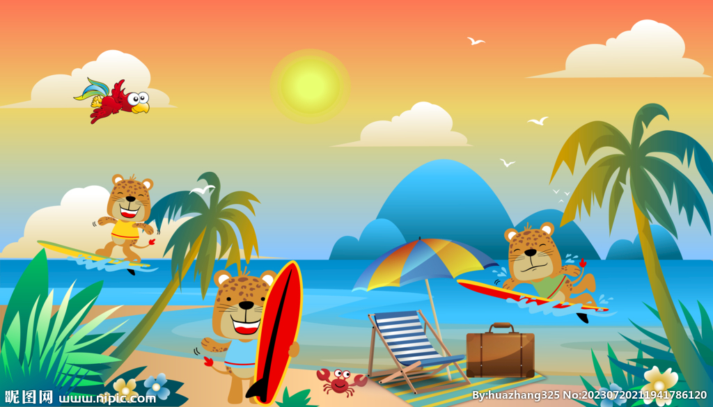 卡通沙滩儿童背景墙
