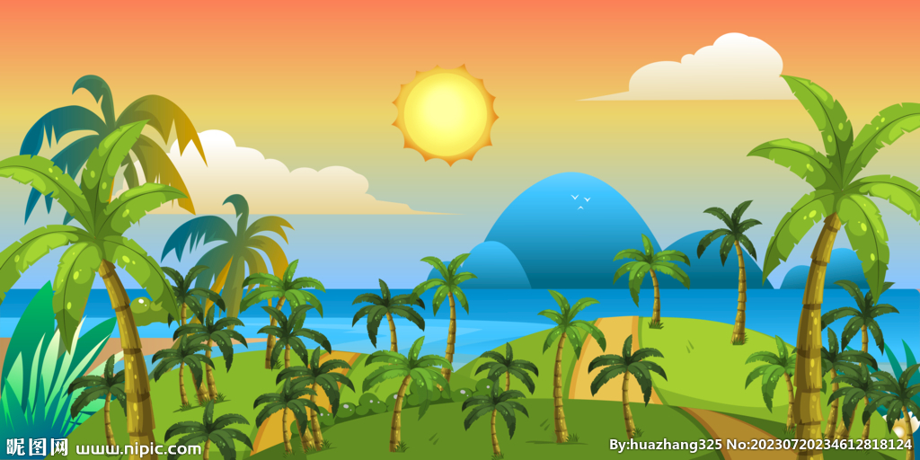 卡通海景日落风景