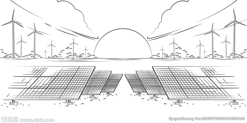 太阳能光伏板线描插画