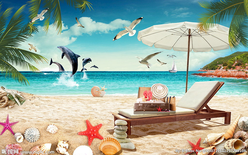 浪漫海岛沙滩海鸥电视背景墙