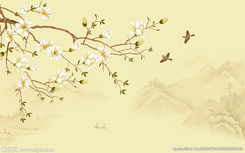 中式手绘工笔花鸟画电视背景墙