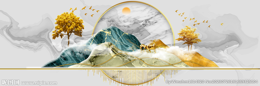 山水麋鹿飞鸟客厅床头装饰画