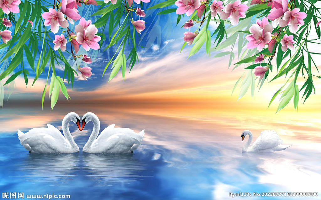 浪漫天鹅壁画电视背景墙