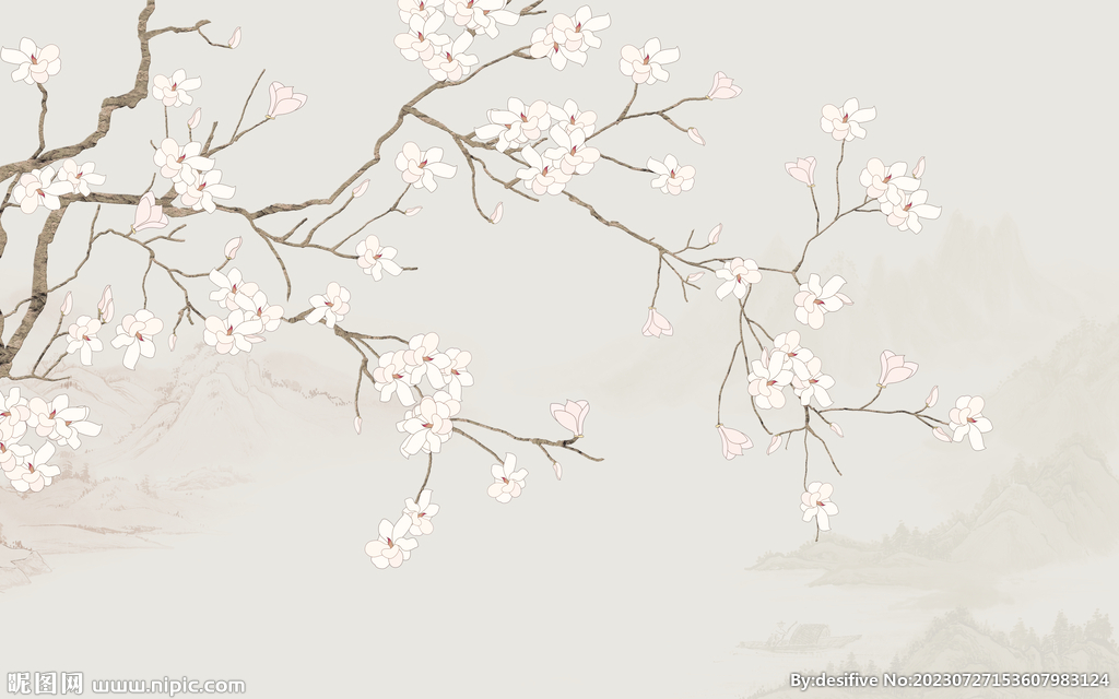 新中式工笔花鸟画床头背景墙