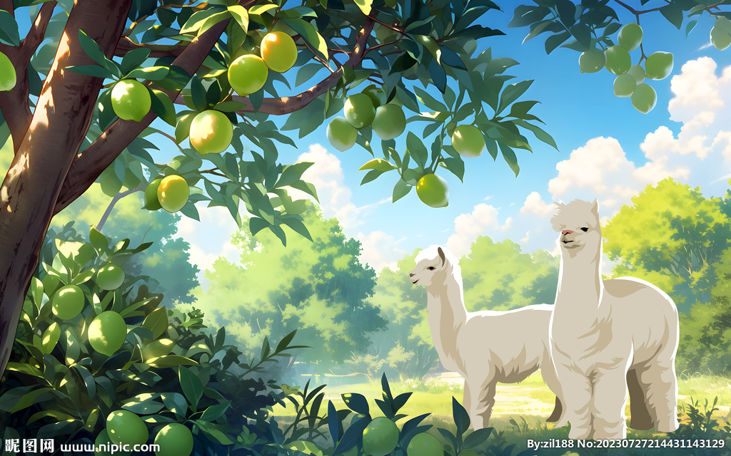 卡通果园柠檬羊驼壁画设计