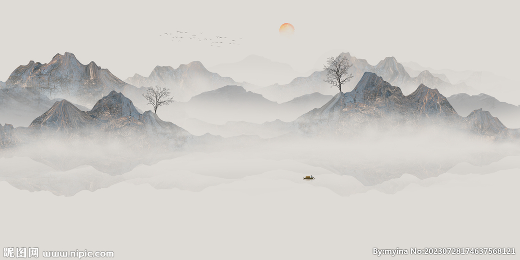 中式意境床头水墨背景墙画