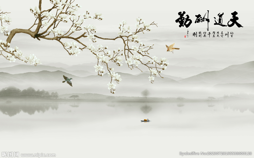 中式工笔花鸟画电视背景墙