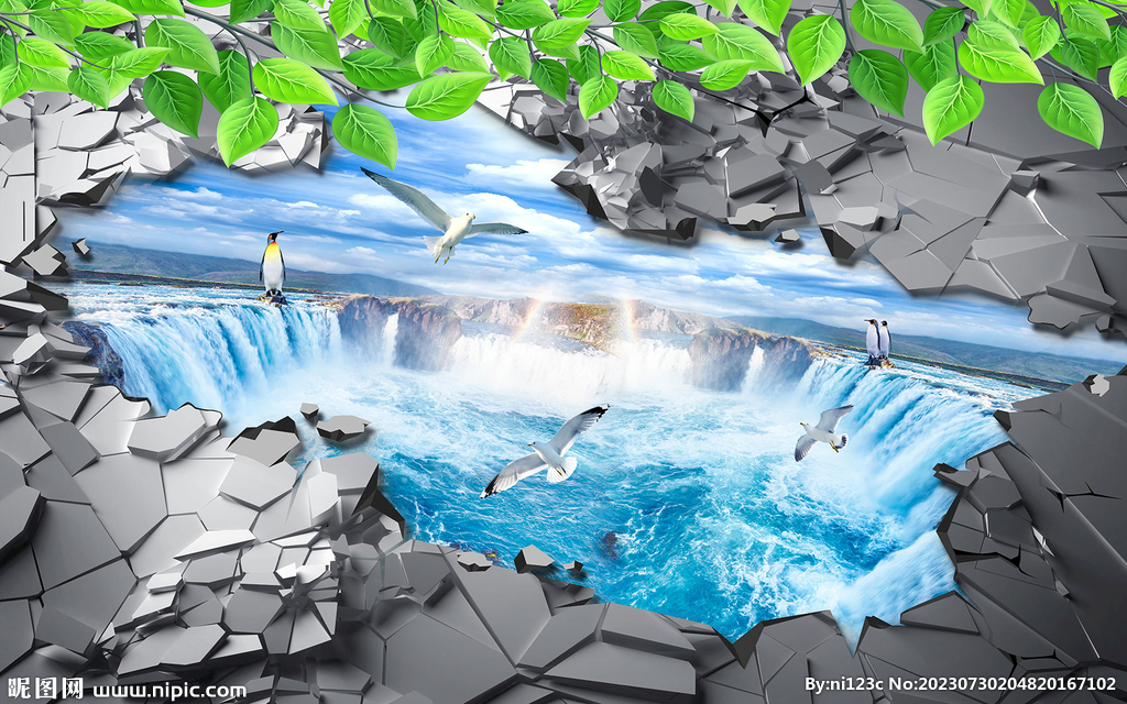 瀑布山水意境3D客厅背景墙