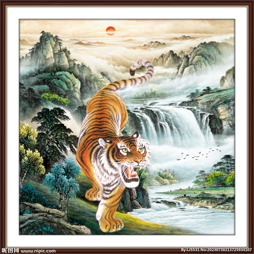 老虎国画下山虎猛虎下山