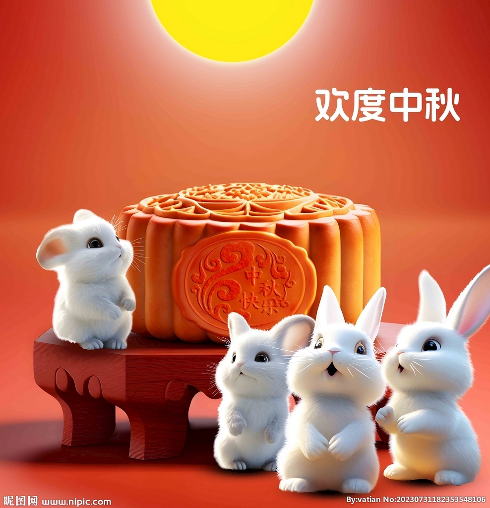 四只可爱中秋节兔子大月饼分层图