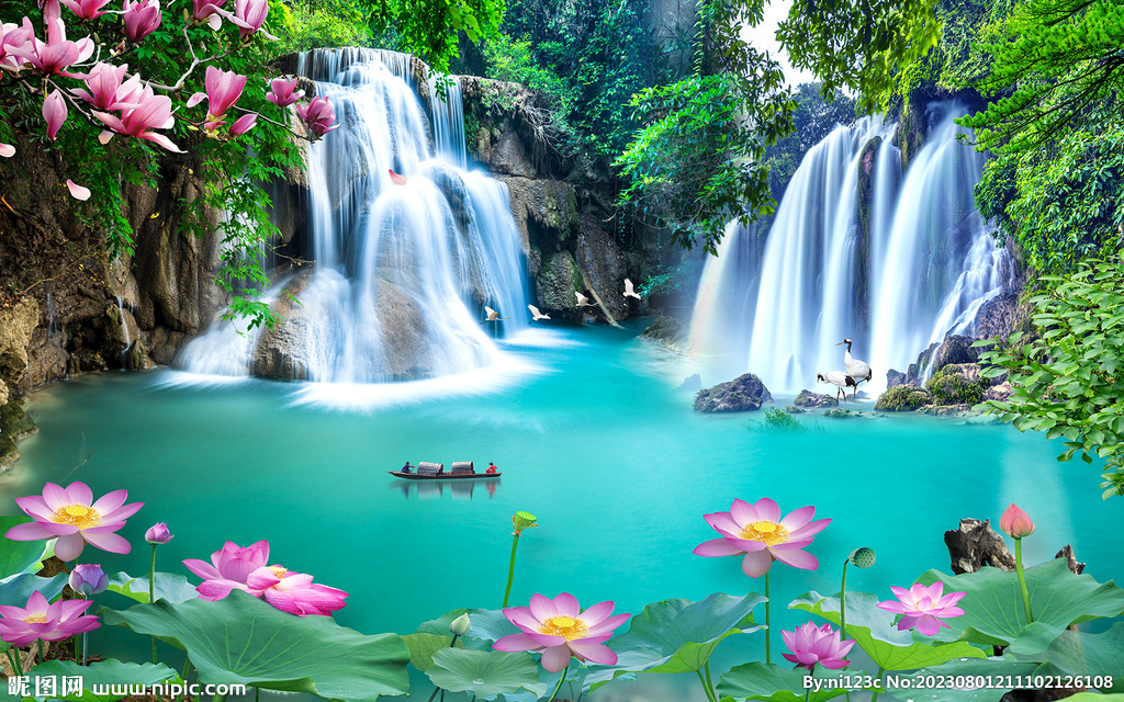 财山水画瀑布荷花山水风景画